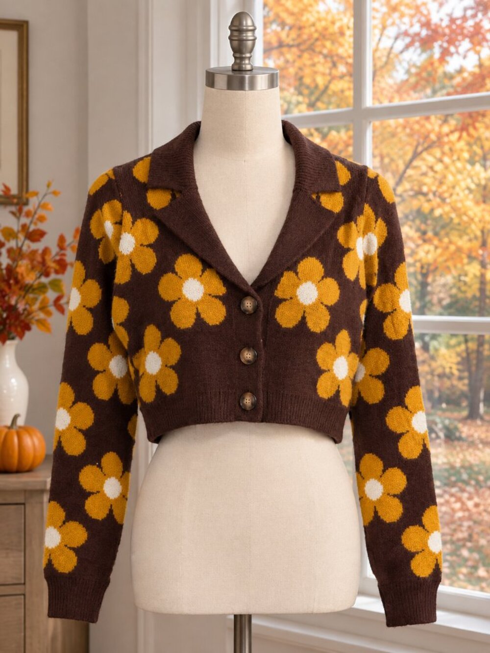 Jacquie Brown/Yellow Floral Daisy Long Sleeve V-neck Button Up Sweater S NWT